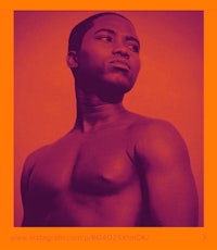 a photo of a shirtless man with an orange background